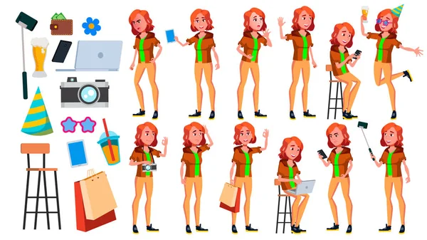 Teen Girl Poses Set Vector. Caucásico, Positivo. Para presentación, impresión, diseño de invitación. Ilustración de dibujos animados aislados — Archivo Imágenes Vectoriales