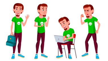 Genç çocuk Set vektör teşkil etmektedir. Etkin, ifade. Tanıtım, baskı, davetiye tasarım için. İllüstrasyon izole karikatür