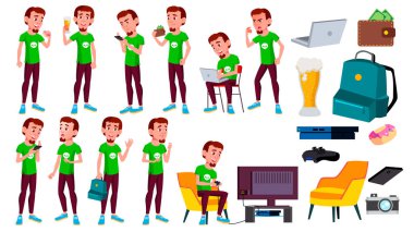 Genç çocuk Set vektör teşkil etmektedir. Gezi, gülümseme. Web, broşür, afiş tasarımı için. İllüstrasyon izole karikatür