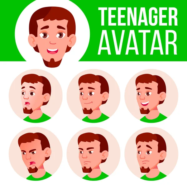 Tini fiú Avatar meghatározott vektor. Arc érzelmek. Lapos, portré. Aranyos, vicces, Web. Karikatúra Head illusztráció — Stock Vector