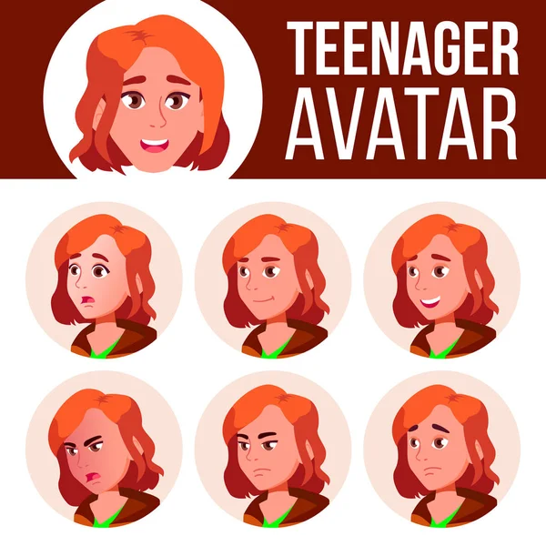 Teen Girl Avatar Set Vector. Emociones faciales. Emocional. Ocio, Sonríe. Ilustración de cabeza de dibujos animados — Vector de stock