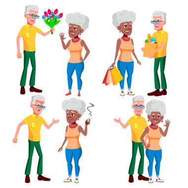 Yaşlı çift vektör ayarlayın. Büyükbaba Büyükanne ile. Bir yaşam tarzı. Yaşlı aile. Gri saçlı karakter. Yaşlı insanlar birkaç. Afro Amerikan, Avrupa. Düz çizgi film illüstrasyon izole