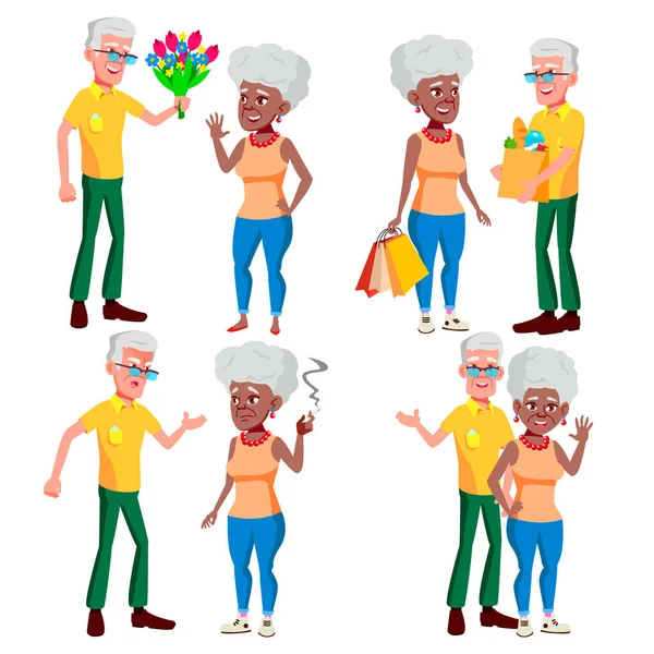 Yaşlı çift vektör ayarlayın. Büyükbaba Büyükanne ile. Bir yaşam tarzı. Yaşlı aile. Gri saçlı karakter. Yaşlı insanlar birkaç. Afro Amerikan, Avrupa. Düz çizgi film illüstrasyon izole