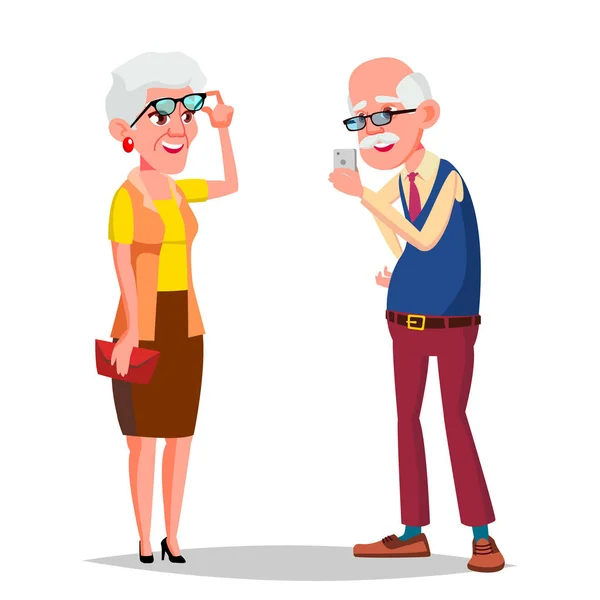 Bejaarde echtpaar Vector. Moderne grootouders. Het gevoel van gelukkig. Leeftijd. Europese. Geïsoleerd plat Cartoon afbeelding — Stockvector