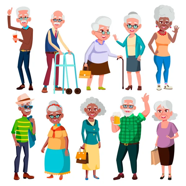Elderly People Vector Grandfather Grandmother Face Emotions Happy People Poses — Stock Vector