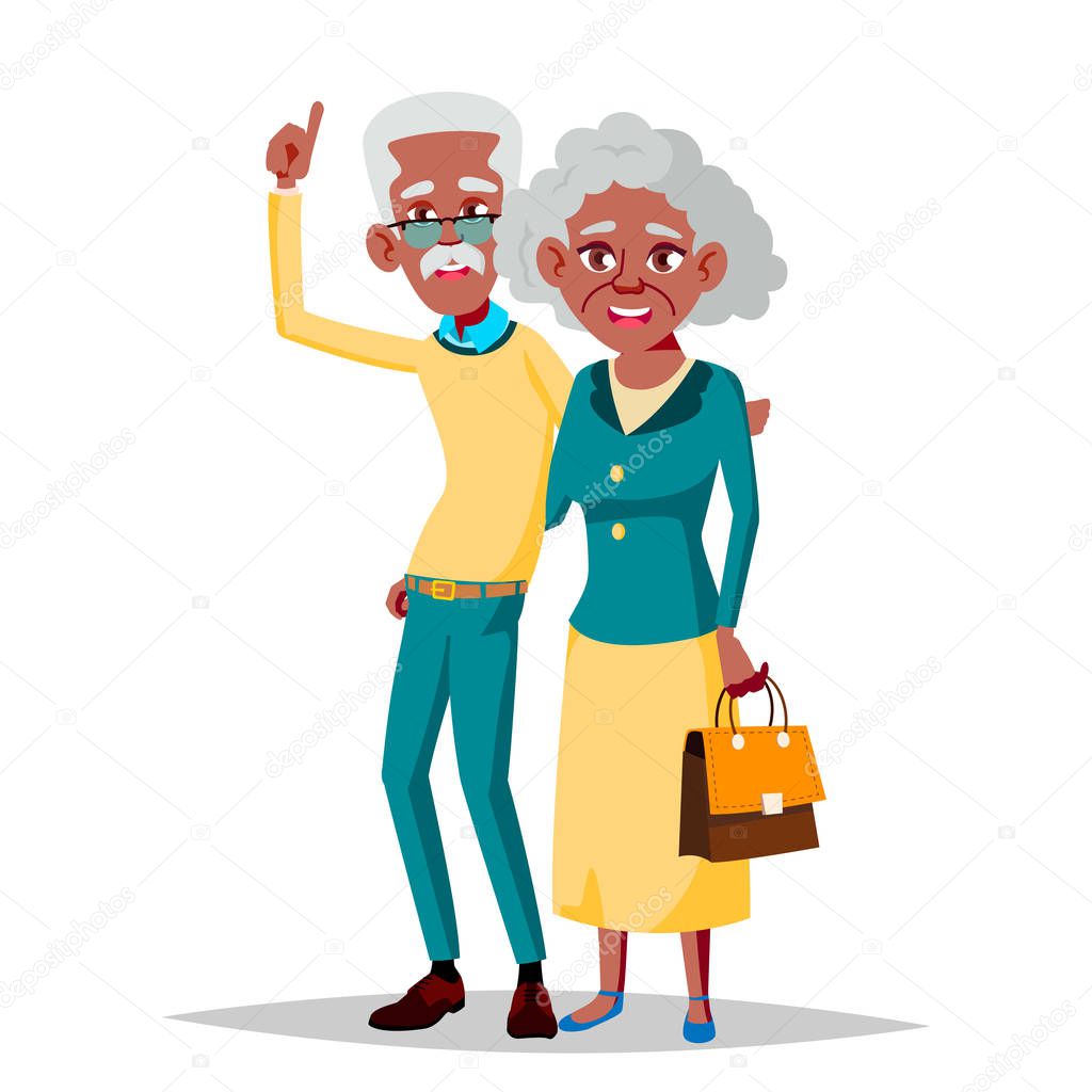 Elderly Couple Vector. Grandfather And Grandmother. Black, Afro American. Situations. Old Senior People. Isolated Flat Cartoon Illustration