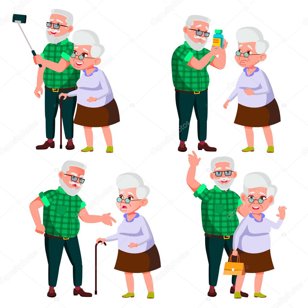 Elderly Couple Set Vector. Modern Grandparents. Old Age. With Glasses. Face Emotions. Happy People Together. European. Isolated Flat Cartoon Illustration