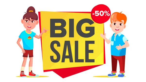 Big Sale Banner Vector. School Children, Pupil. Funny Character. Up To 50 Percent Off Badges. Isolated Illustration — Stock Vector