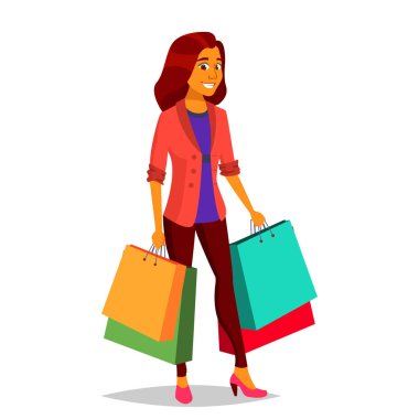 Kadın vektör alışveriş. Kavram satın alma. Mağaza. Mutlu müşteri. Bakkal dükkanında, süpermarket. Holding kağıt paketler. İş izole karikatür çizimi