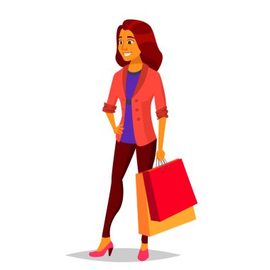 Kadın vektör alışveriş. Kavram satın alma. Alışveriş günü. Holding kağıt paketler. İş izole karikatür çizimi