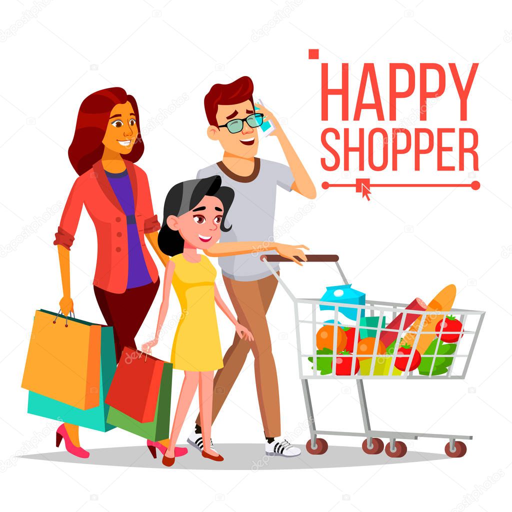 Shopping Woman Vector. Happy Family Couple. Grocery Cart. Joyful Female. Holding Paper Bags. Groceries In Shop, Supermarket. Shopping Day. Pleasure Of Purchase. Business Isolated Cartoon Illustration