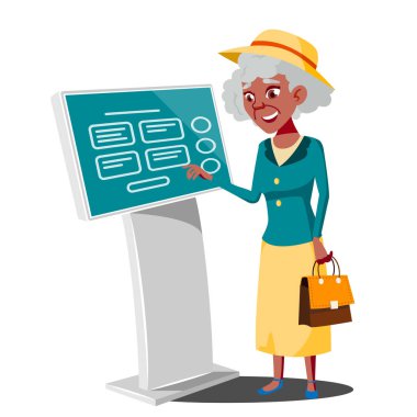 Eski para çekme makinesi, dijital Terminal vektör kullanan kadın. Dijital Kiosk Led göstermek. Self Servis bilgi sistemi. Düz çizgi film illüstrasyon izole
