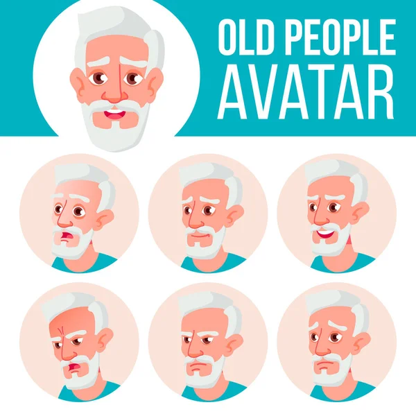 Old Man Avatar Set Vektor. Gesicht Emotionen. Seniorenporträt. Ältere Menschen. gealtert. Schönheit, Lebensstil. Zeichentrickkopf-Illustration — Stockvektor