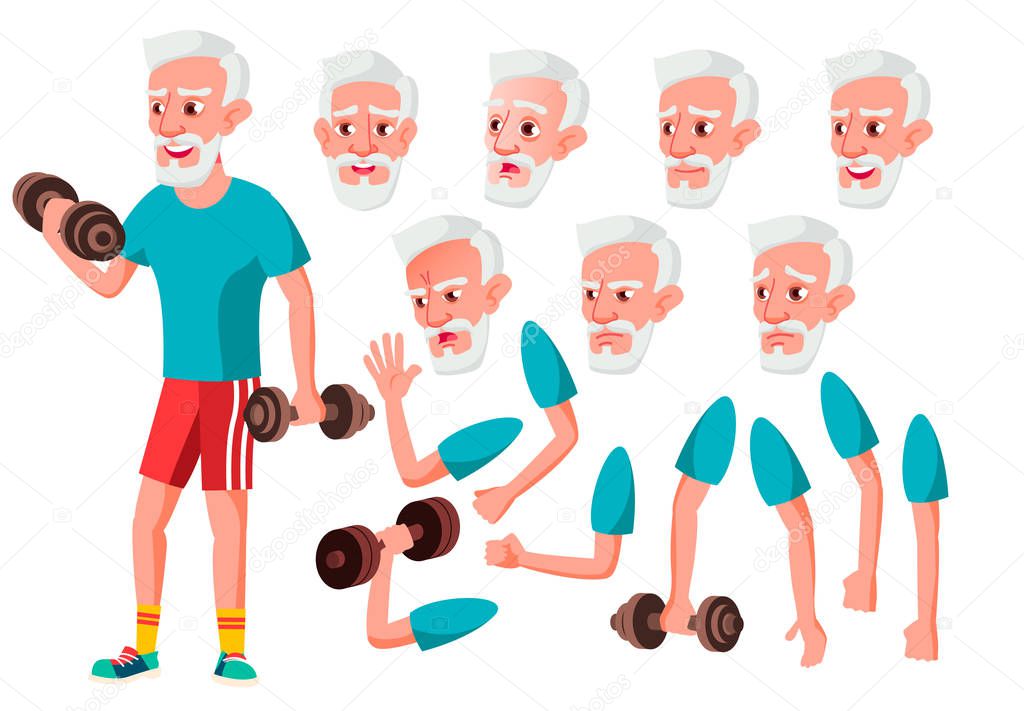 Old Man Vector. Senior Person. Aged, Elderly People. Cute, Comic. Joy. Face Emotions, Various Gestures. Animation Creation Set. Isolated Flat Cartoon Character Illustration