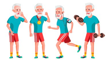 Yaşlı adam Set vektör teşkil etmektedir. Yaşlı insanlar. Üst düzey kişi. Yaşlı. Spor, Fitness. Neşeli büyükbaba veya büyükanne. Sunum, davet, kart tasarımı. İllüstrasyon izole karikatür