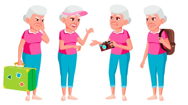 Old Woman Poses Set Vector. Elderly People. Senior Person. Aged. Tourist, Tourism. Active Grandparent. Joy. Presentation, Print, Invitation Design. Isolated Cartoon Illustration