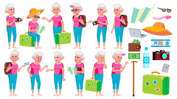 Old Woman Poses Set Vector. Elderly People. Senior Person. Aged. Tourist, Tourism. Beautiful Retiree. Life. Card, Advertisement, Greeting Design. Isolated Cartoon Illustration — Stock Vector