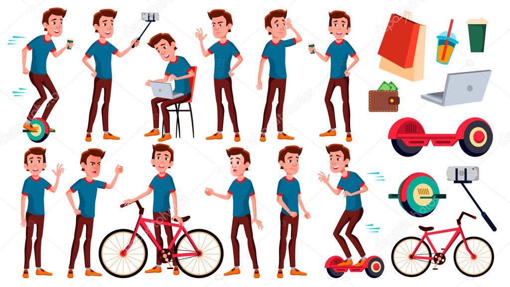 Teen Boy Poses Set Vector. Emotional, Pose. For Advertising, Placard, Print Design. Isolated Cartoon Illustration