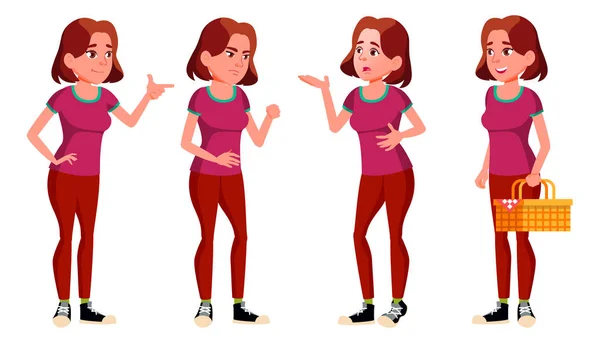 Teen Girl Poses Set Vector. Adult People. Casual. For Advertisement, Greeting, Announcement Design. Isolated Cartoon Illustration — Stock Vector