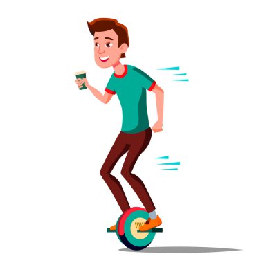 Hoverboard vektör genç çocuk. Gyro Scooter sürme. Bir tekerlekli elektrikli scooter Self Dengeleme. Olumlu bir kişi. İzole illüstrasyon