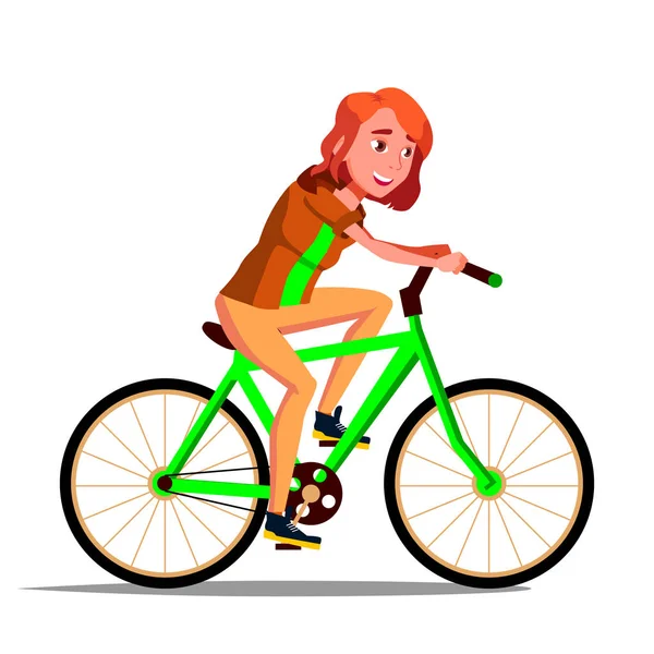 Teen Girl Riding On Bicycle Vector. Gaya hidup sehat. Sepeda. Kegiatan olahraga luar ruangan. Ilustrasi Terisolasi - Stok Vektor