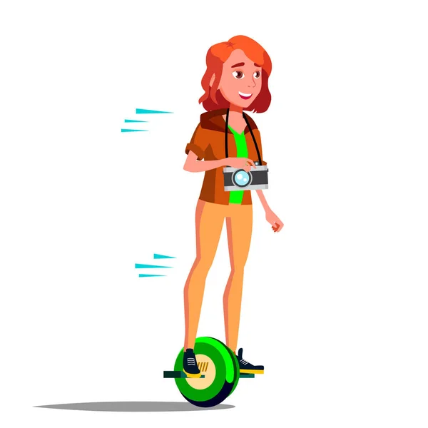 Chica adolescente en el vector Hoverboard. Montar en Gyro Scooter. Scooter eléctrico de equilibrio automático de una rueda. Persona positiva. Ilustración aislada — Archivo Imágenes Vectoriales