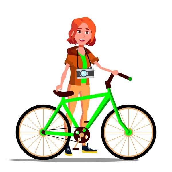 Gadis remaja dengan Vektor Sepeda. Sepeda Kota. Kegiatan olahraga luar ruangan. Eco Friendly. Ilustrasi Terisolasi - Stok Vektor