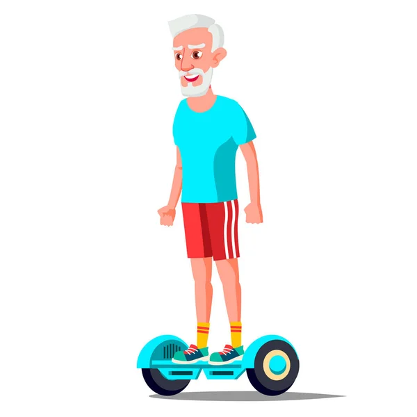 Anciano en Hoverboard Vector. Montar en Gyro Scooter. Actividad exterior. Scooter eléctrico de equilibrio automático de dos ruedas. Ilustración aislada — Vector de stock