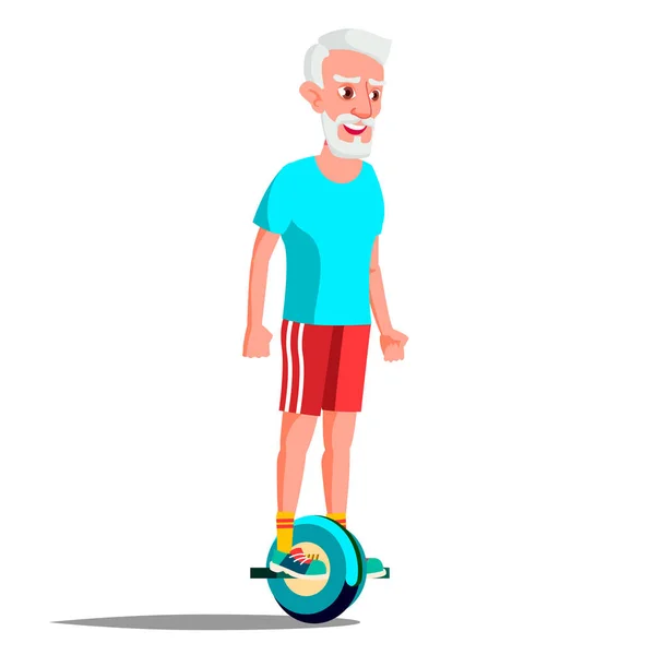 Anciano en Hoverboard Vector. Montar en Gyro Scooter. Scooter eléctrico de equilibrio automático de una rueda. Persona positiva. Ilustración aislada — Vector de stock