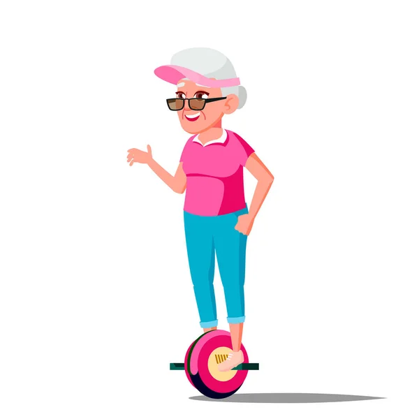 Vector de anciana en Hoverboard. Montar en Gyro Scooter. Scooter eléctrico de equilibrio automático de una rueda. Persona positiva. Ilustración aislada — Archivo Imágenes Vectoriales