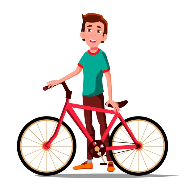 Teenager-Junge mit Fahrrad-Vektor. Stadtrad. Sport im Freien. Umweltfreundlich. Vereinzelte Illustration — Stockvektor