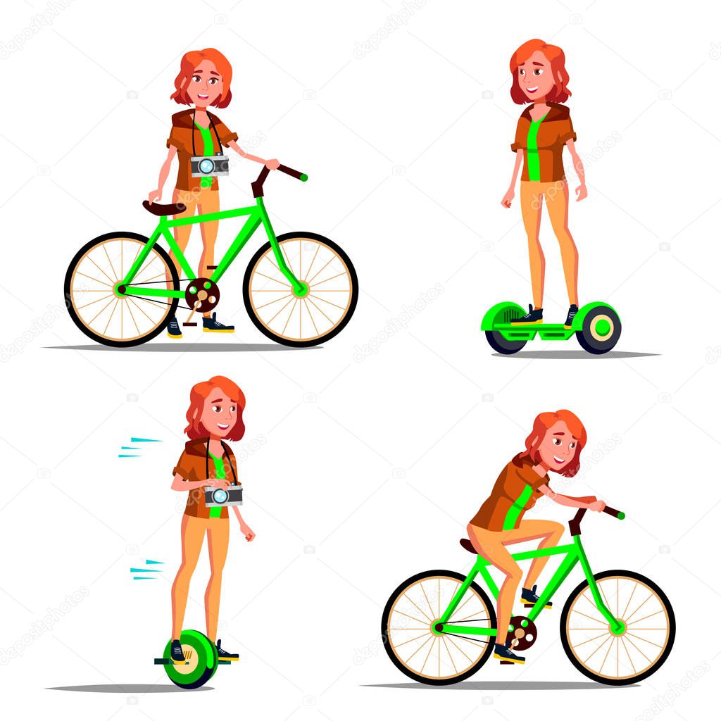 Teen Girl Riding Hoverboard, Bicycle Vector. City Outdoor Sport Activity. Gyro Scooter, Bike. Eco Friendly. Healthy Lifestyle. Isolated Illustration