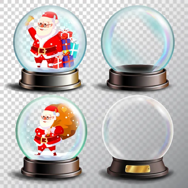 Christmas Snowglobe Set Vector. Lege sneeuwbol. Winter Xmas ontwerpelement. Glanzende Dome. Magische Kerst vakantie Souvenir. Schattige Kerstman met geschenken. Transparantie Souvenir. Realistische afbeelding — Stockvector