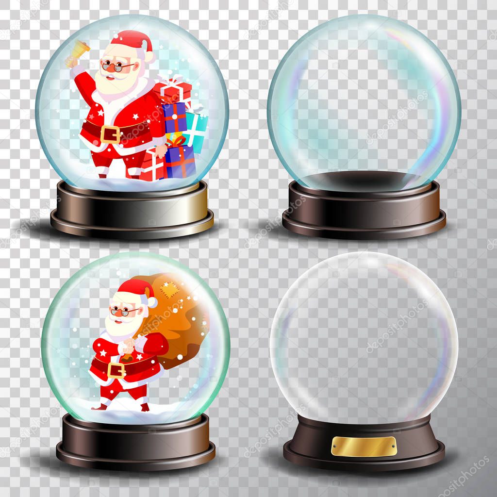 Christmas Snowglobe Set Vector. Empty Snow Globe. Winter Xmas Design Element. Glossy Dome. Magic Xmas Holiday Souvenir. Cute Santa Claus With Gifts. Transparency Souvenir. Realistic Illustration