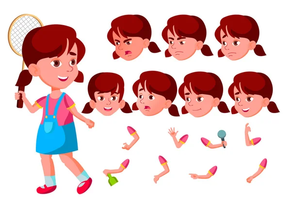 Mädchen, Kind, Kind, Teenager. glückliche Kindheit. abc. Gesicht Emotionen, verschiedene Gesten. Animationsset. isoliert flache Zeichentrickfigur Illustration — Stockvektor