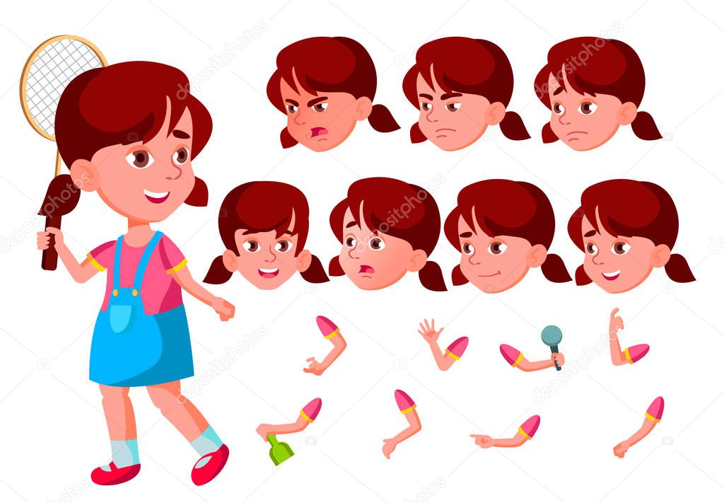 Girl, Child, Kid, Teen Vector. Happy Childhood. Abc. Face Emotions, Various Gestures. Animation Creation Set. Isolated Flat Cartoon Character Illustration