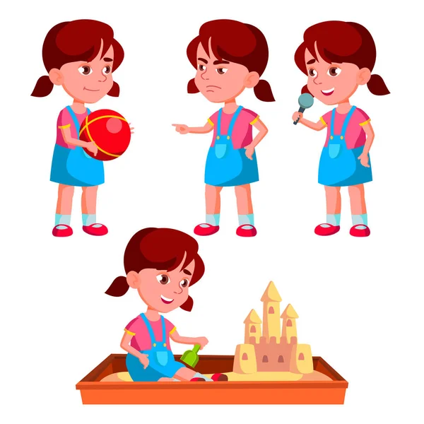 Dívka školky Kid představuje Set Vector. Hravé pozitivní malé dítě. Pro prezentace, tisk, pozvání Design. Izolované kreslený obrázek — Stockový vektor