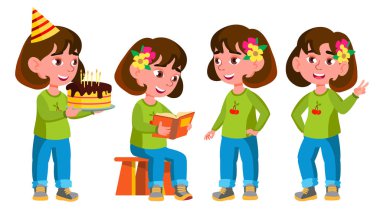 Kız Anaokulu çocuk Set vektör teşkil etmektedir. Duygusal karakteri oynamak. Bahçesi. Sunum, davet, kart tasarımı için. İllüstrasyon izole karikatür