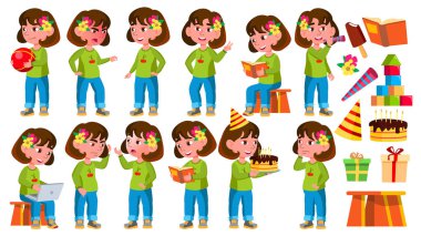 Kız Anaokulu çocuk Set vektör teşkil etmektedir. Küçük çocuk. Komik oyuncak. Bir yaşam tarzı. Reklam, afiş, baskı tasarımı için. İllüstrasyon izole karikatür