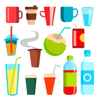 Simgeler vektör iç. Soda, Lokanta, kahve, kokteyl. Kupa, şişelenmiş içecek, Vitamin suyu, köpüklü. Yumuşak ve enerji. İllüstrasyon izole karikatür
