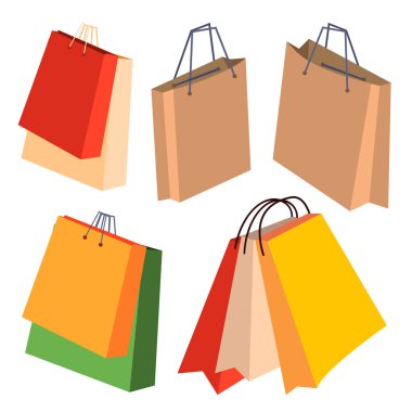 Kağıt Poşetler vektör ayarlayın. Kolları ile. İllüstrasyon izole karikatür