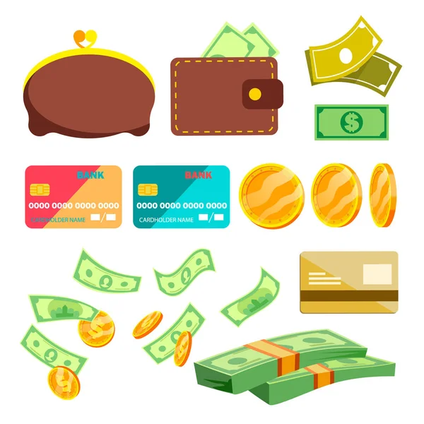 Векторні значки для покупок. Гаманець, гроші, кредитний візок. ізольовані мультфільми ілюстрації — стоковий вектор