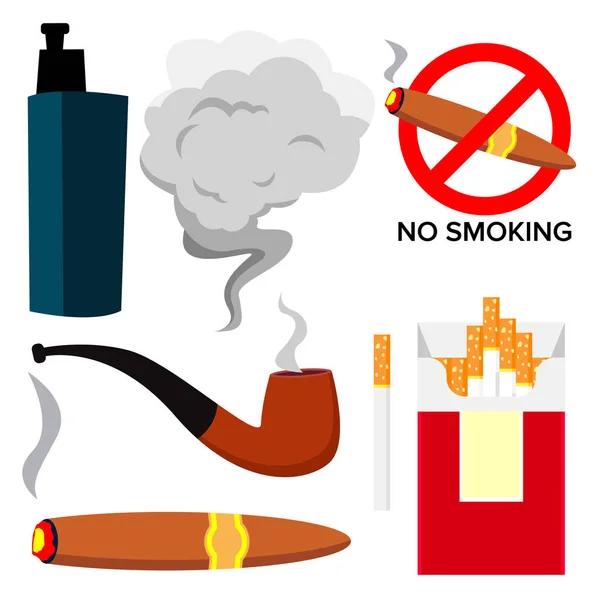 Κάπνισμα εικονίδια διάνυσμα. Τσιγάρο, πούρο, προστασία σύμβολο, ηλεκτρονικό τσιγάρο, Vape. Εθισμός. Απομονωθεί καρτούν εικονογράφηση — Διανυσματικό Αρχείο
