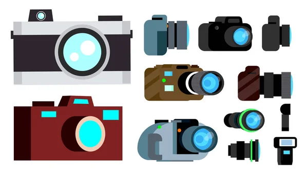 Fotocamera Icona Set vettoriale. Simbolo della fotocamera retrò, vintage e moderna. Illustrazione isolata del fumetto — Vettoriale Stock