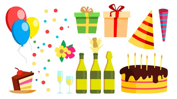 Elementi di design per feste di compleanno vettoriale. Elementi di celebrazione. Cappello, Champagne, Torta, Regali. Illustrazione isolata del fumetto — Vettoriale Stock