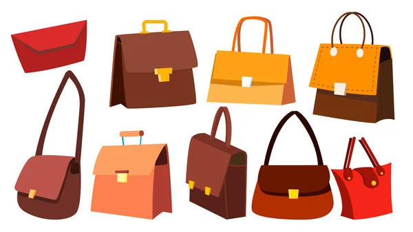 Set de bolsas de cuero Vector. Mujer Retro Vintage Accesorios de moda. Bolso de lujo. Ilustración de dibujos animados aislados — Archivo Imágenes Vectoriales