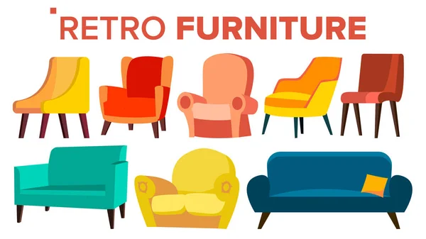Retro-Möbel Vektor. Sofa aus den 50er Jahren, Sessel aus den 60er Jahren. Innenraum. Isolierte Cartoon-Illustration — Stockvektor