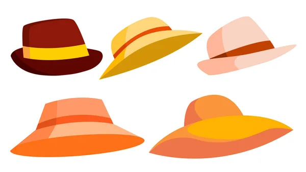 Retro hatt Set vektor. Brown. Klassiska traditionella Hat för mannen, eleganta kvinnan. Trasa Head mode. Isolerade tecknad Illustration — Stock vektor