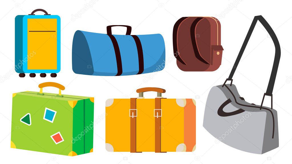 Travel Bag Set Vector. Classic, Retro, Modern, Vintage. Voyage, Summer Trip Icon. Tourism Suitcase. Isolated Cartoon Illustration