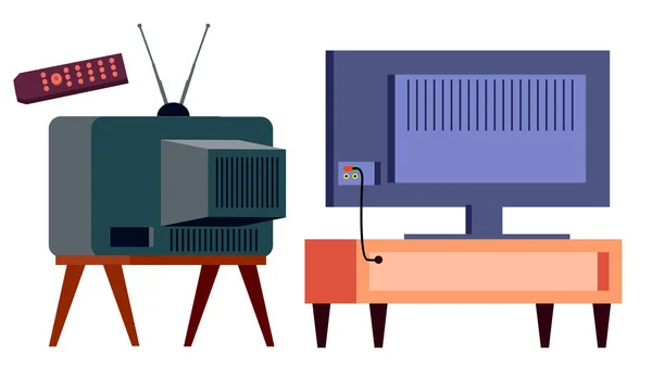 Retro Tv Vs Modern HD Plasma Vector. Derrière. Panneau LCD et vieil écran d'affichage analogique vintage. Illustration de bande dessinée isolée — Image vectorielle